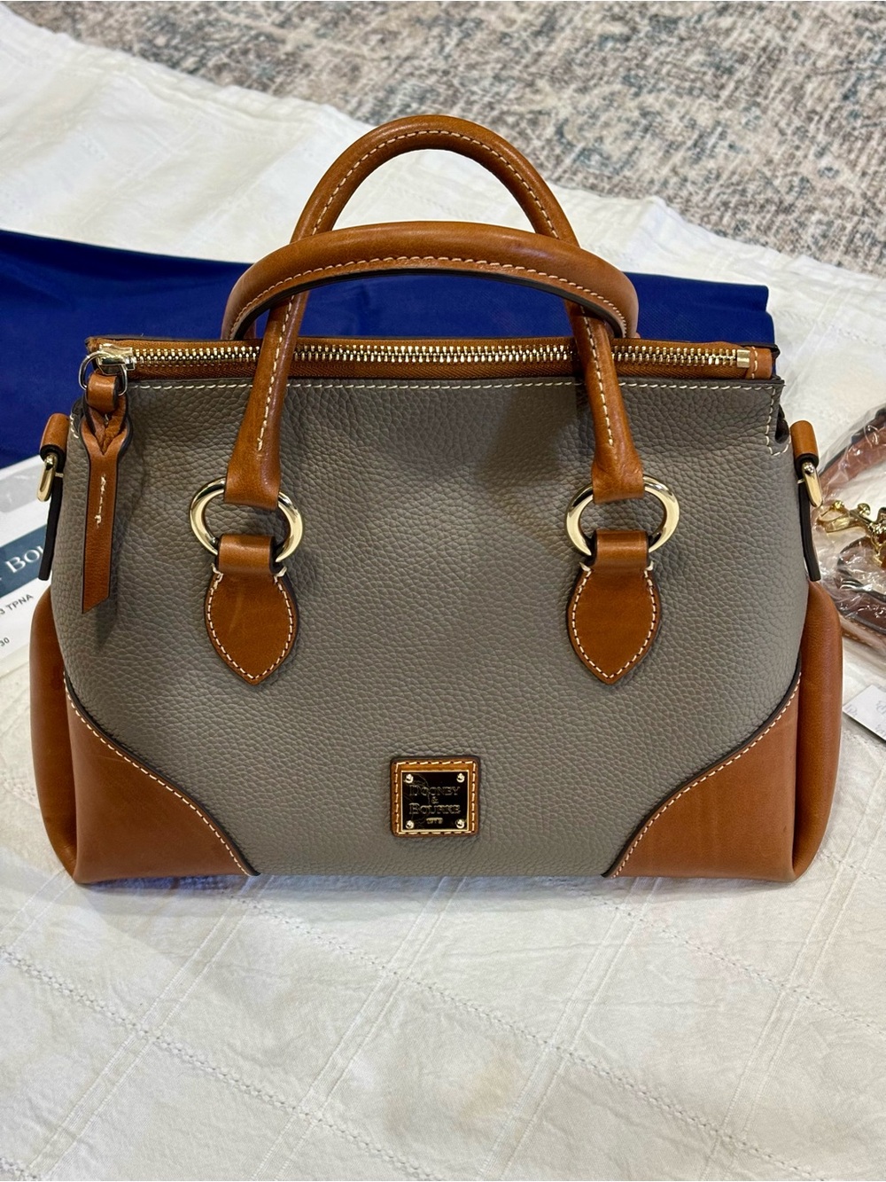 Dooney & Bourke Taupe Pebble with Florentine Leather Satchel with Gold Hardware
